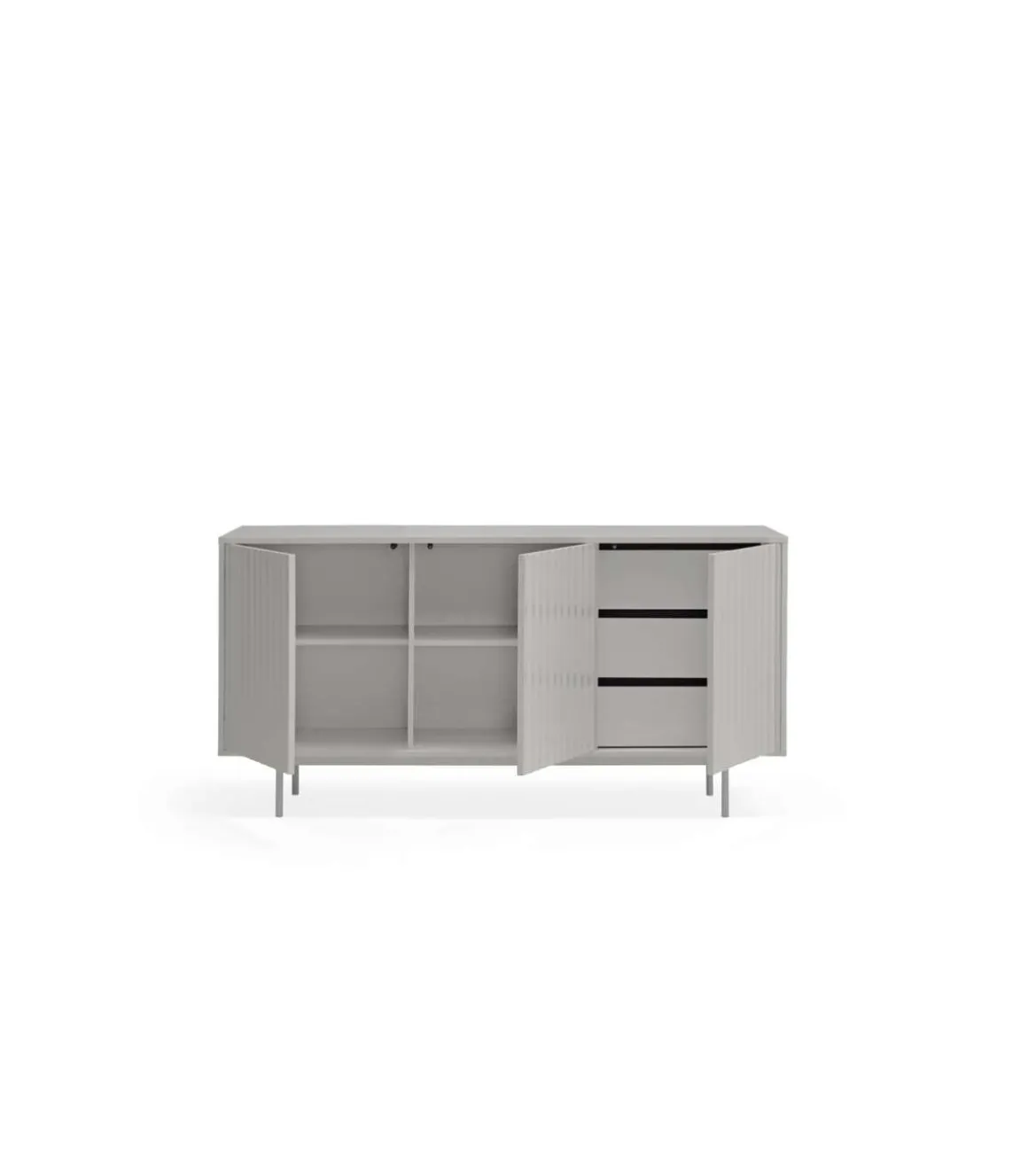 Mueble aparador modelo Sierra 3 puertas 3 cajones interiores acabado gris claro, 159.2cm(ancho) 79.6cm(alto) 47cm (fondo).