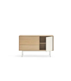 Mueble aparador modelo Yoko 1 puerta 3 cajones acabado roble/crema, 45cm(ancho) 80cm(alto) 128cm (largo)