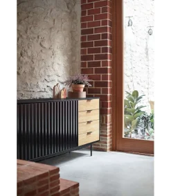 Mueble aparador para comedor modelo Sierra 2 puertas 4 cajones acabado negro/roble, 47cm(ancho) 79.6cm(alto) 159.5cm (largo)