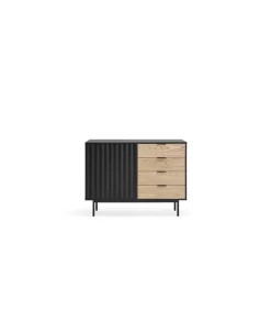 Mueble aparador para comedor modelo Sierra 1 puerta 4 cajones acabado negro/roble, 47cm(ancho) 79.6cm(alto) 159.5cm (largo)