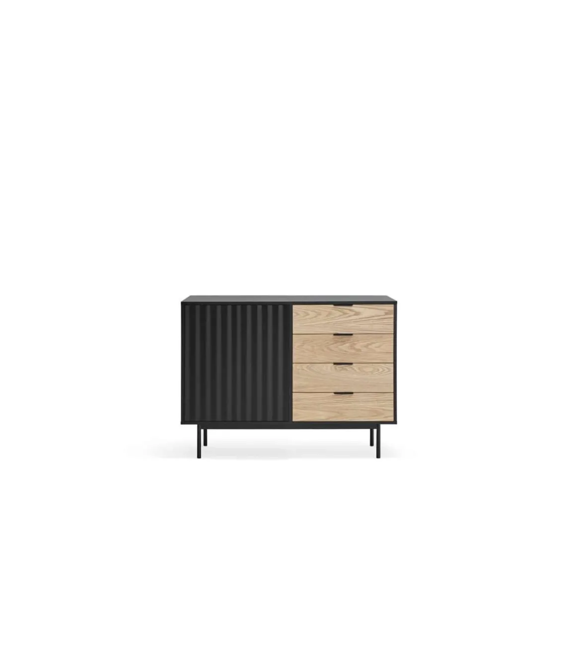 Mueble aparador para comedor modelo Sierra 1 puerta 4 cajones acabado negro/roble, 47cm(ancho) 79.6cm(alto) 159.5cm (largo)