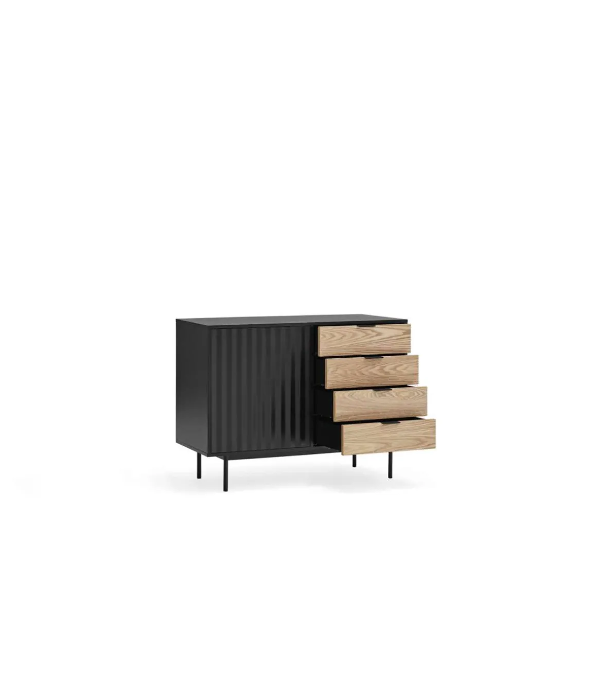 Mueble aparador para comedor modelo Sierra 1 puerta 4 cajones acabado negro/roble, 47cm(ancho) 79.6cm(alto) 159.5cm (largo)