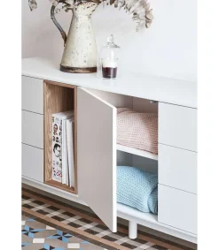 Mueble aparador para comedor modelo Corvo 1 puerta 6 cajones acabado crema, 40cm(ancho) 76cm(alto) 180cm (largo)