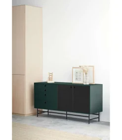 Mueble aparador para comedor modelo Punto 2 puertas 4 cajones acabado verde/negro, 47cm(ancho) 77cm(alto) 150cm (largo)