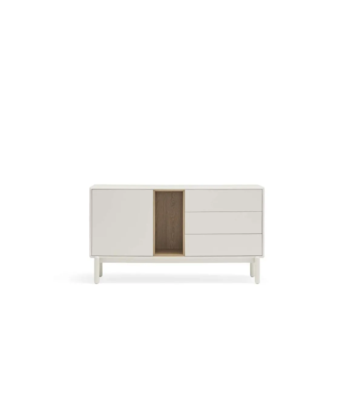 Mueble aparador para comedor modelo Corvo 1 puerta 3 cajones acabado crema, 136.8cm(ancho) 76cm(alto) 40cm (fondo)
