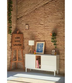 Mueble aparador para comedor modelo Corvo 1 puerta 3 cajones acabado crema, 136.8cm(ancho) 76cm(alto) 40cm (fondo)