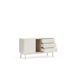 Mueble aparador para comedor modelo Corvo 1 puerta 3 cajones acabado crema, 136.8cm(ancho) 76cm(alto) 40cm (fondo)