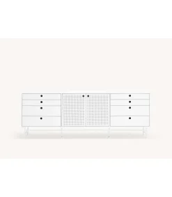 Mueble aparador para comedor modelo Punto 2 puertas 8 cajones acabado blanco, 47cm(ancho) 77cm(alto) 212cm (largo)