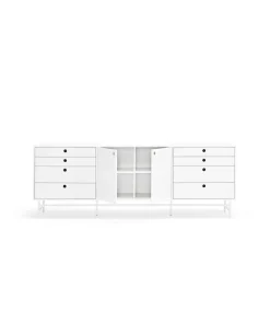 Mueble aparador para comedor modelo Punto 2 puertas 8 cajones acabado blanco, 47cm(ancho) 77cm(alto) 212cm (largo)