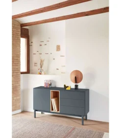 Mueble aparador para comedor modelo Corvo 1 puerta 3 cajones acabado antracita, 136.8cm(ancho) 76cm(alto) 40cm (fondo)