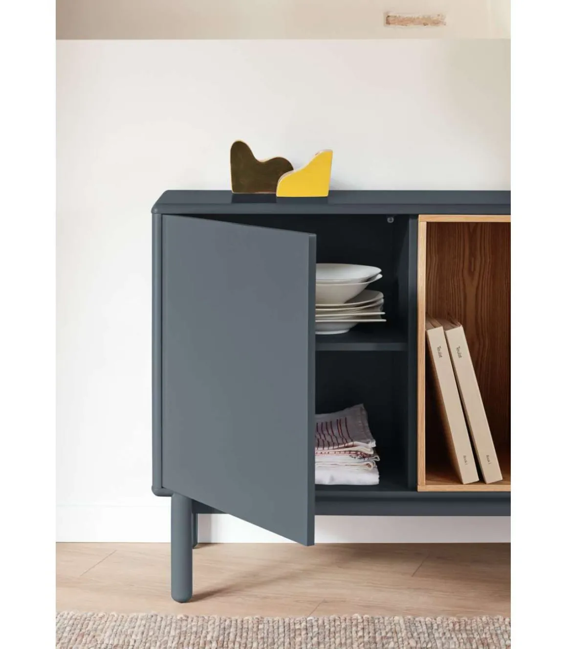 Mueble aparador para comedor modelo Corvo 1 puerta 3 cajones acabado antracita, 136.8cm(ancho) 76cm(alto) 40cm (fondo)