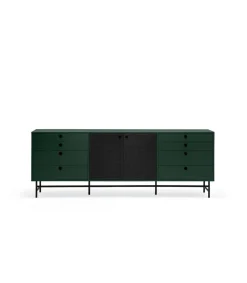Mueble aparador para comedor modelo Punto 2 puertas 8 cajones acabado verde/negro, 47cm(ancho) 77cm(alto) 212cm (largo)
