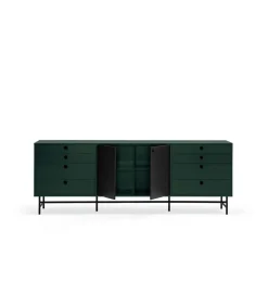 Mueble aparador para comedor modelo Punto 2 puertas 8 cajones acabado verde/negro, 47cm(ancho) 77cm(alto) 212cm (largo)
