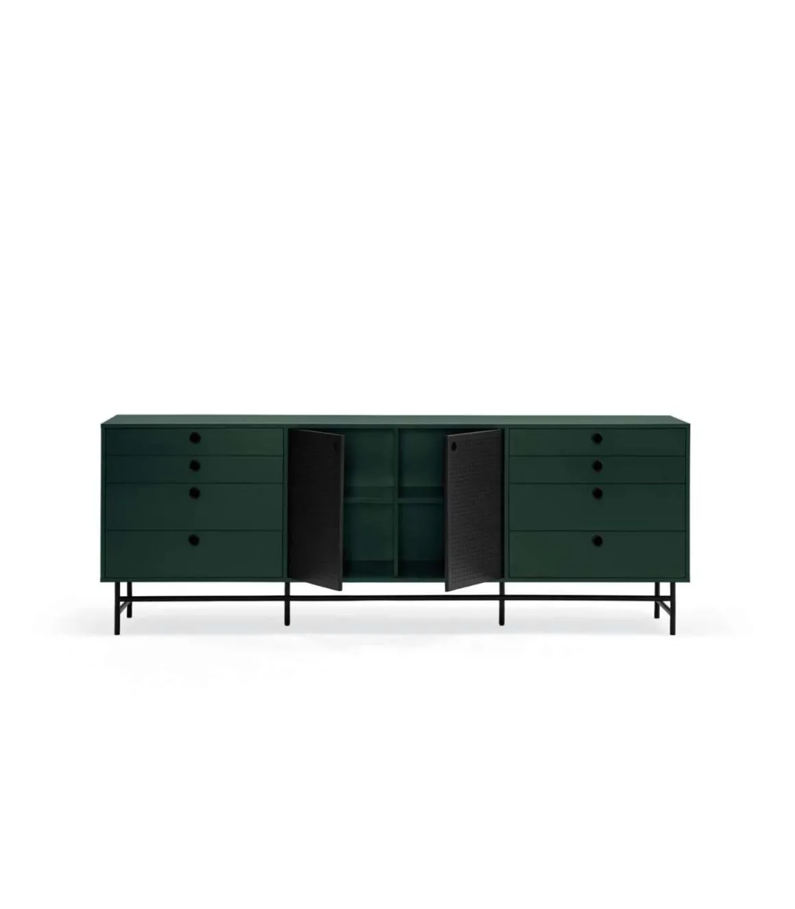 Mueble aparador para comedor modelo Punto 2 puertas 8 cajones acabado verde/negro, 47cm(ancho) 77cm(alto) 212cm (largo)