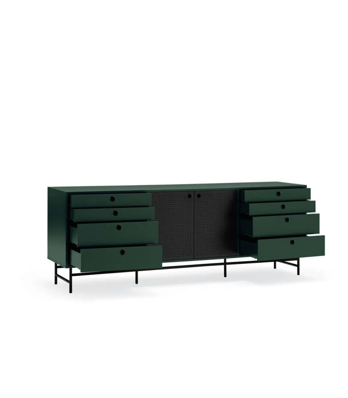 Mueble aparador para comedor modelo Punto 2 puertas 8 cajones acabado verde/negro, 47cm(ancho) 77cm(alto) 212cm (largo)