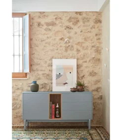 Mueble aparador para comedor modelo Corvo 1 puerta 3 cajones acabado gris perla, 136.8cm(ancho) 76cm(alto) 40cm (fondo)