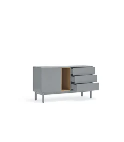 Mueble aparador para comedor modelo Corvo 1 puerta 3 cajones acabado gris perla, 136.8cm(ancho) 76cm(alto) 40cm (fondo)