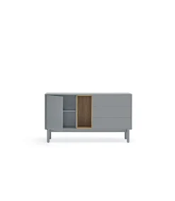 Mueble aparador para comedor modelo Corvo 1 puerta 3 cajones acabado gris perla, 136.8cm(ancho) 76cm(alto) 40cm (fondo)