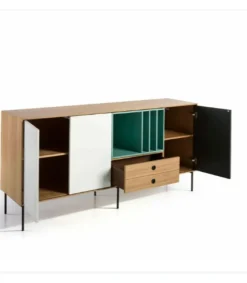 Mueble aparador 3 puertas 2 cajones modelo ZAIDA acabado roble-blanco-gris-verde, 85cm (alto) x 184cm (ancho) x 44cm (prof.)