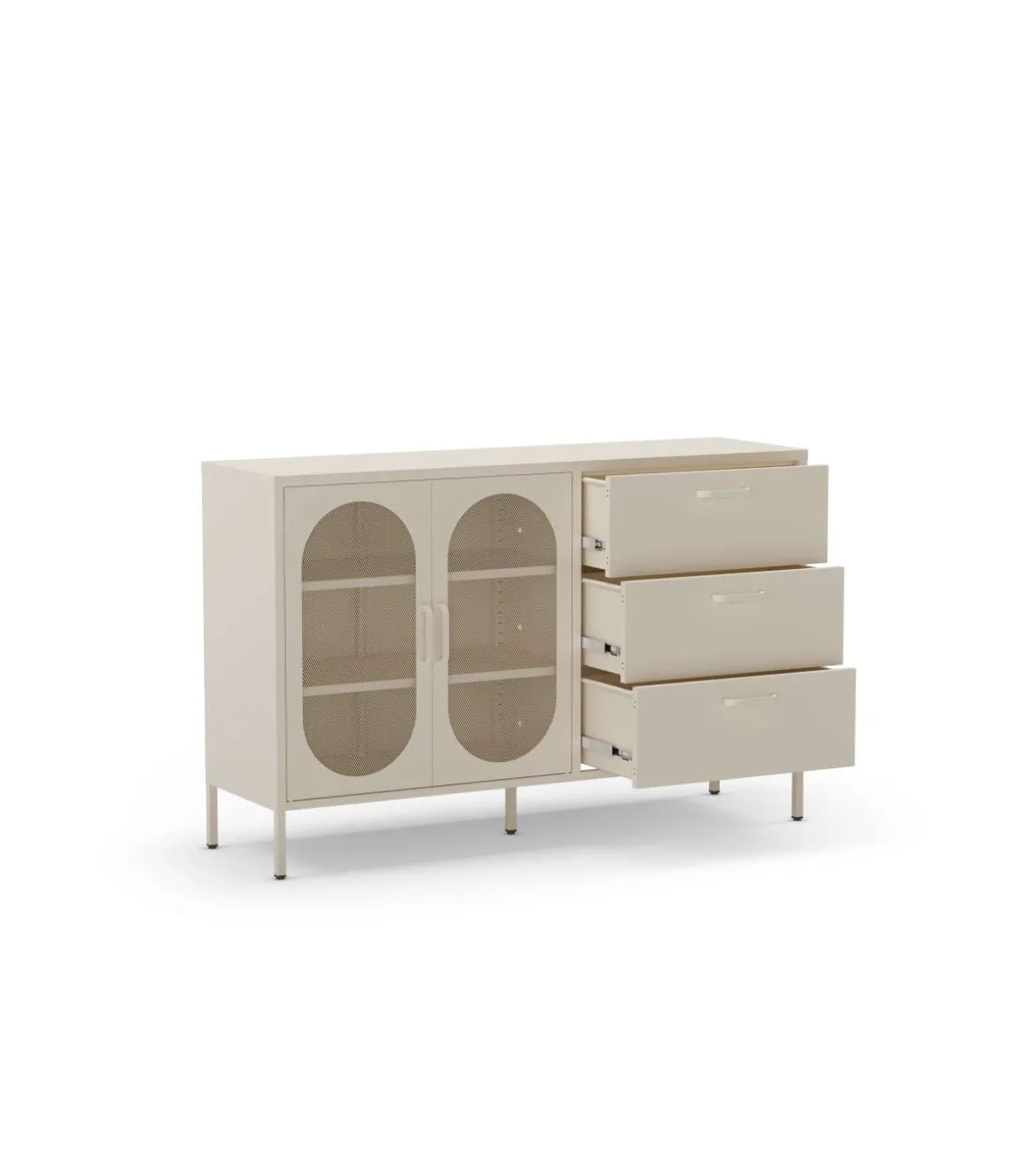 Mueble aparador 2 puertas 2 cajones modelo Dora acabado metal crema, 140cm(ancho) 90cm(alto) 40cm (largo)