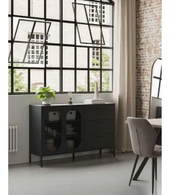 Mueble aparador 2 puertas 2 cajones modelo Dora acabado metal negro, 140cm(ancho) 90cm(alto) 40cm (largo)
