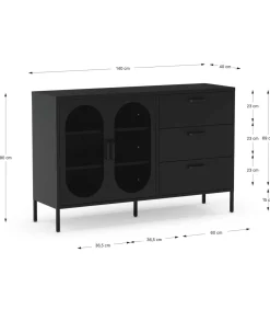 Mueble aparador 2 puertas 2 cajones modelo Dora acabado metal negro, 140cm(ancho) 90cm(alto) 40cm (largo)