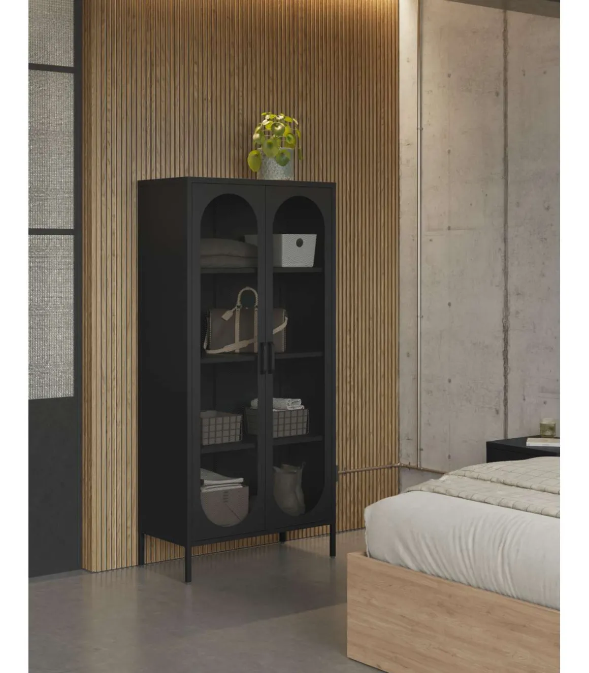 Mueble auxiliar alto 2 puertas abatibles modelo Dora acabado metal negro. 170cm(alto) 80cm (ancho) 40cm(prof.)
