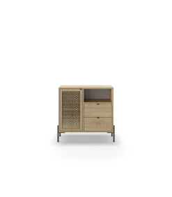 Mueble auxiliar 2 cajones, 1 puerta y 1 hueco modelo India acabado roble/negro. 80.5cm(alto) 84cm(ancho) 40cm(prof).