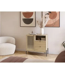 Mueble auxiliar 2 cajones, 1 puerta y 1 hueco modelo India acabado roble/negro. 80.5cm(alto) 84cm(ancho) 40cm(prof).