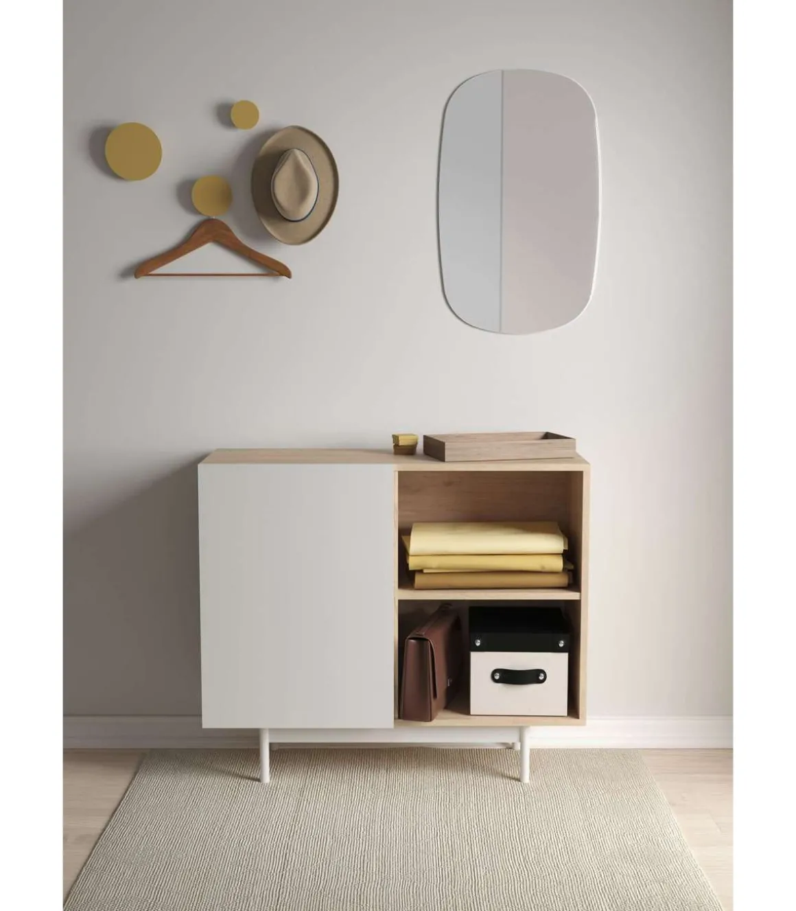 Mueble auxiliar modelo 601-2 acabado en roble/blanco. 78 cm (alto) x 90 cm (ancho) x 34 cm (prof.)
