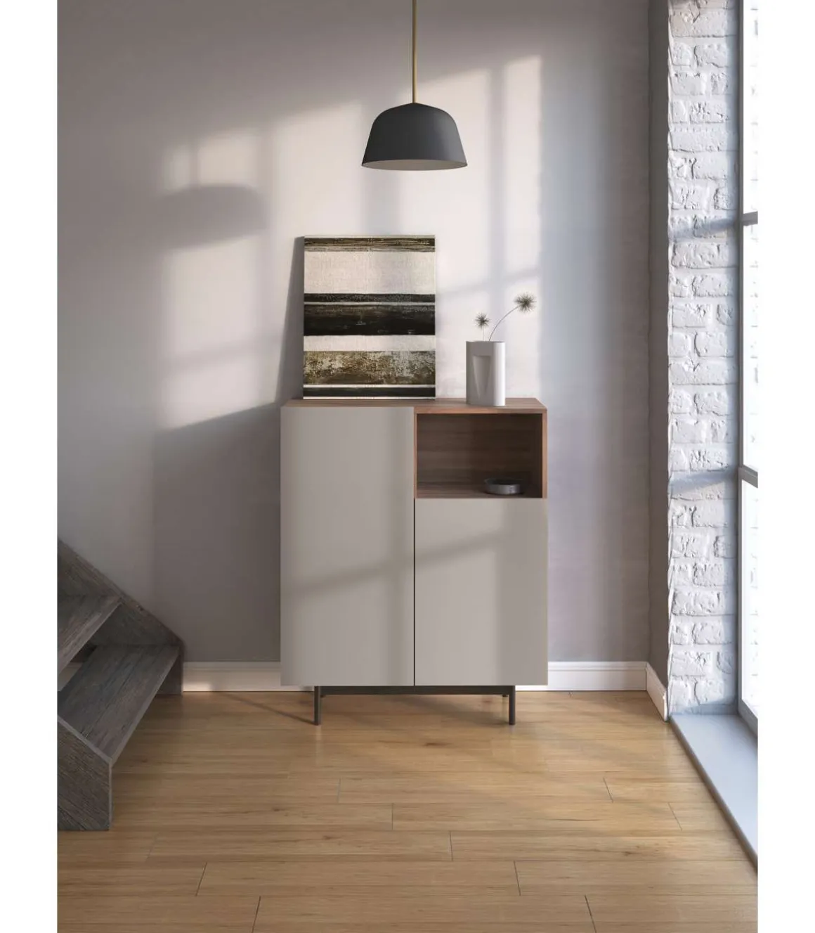 Mueble auxiliar modelo-602-1 acabado nogal/arena, 110 cm (alto) x 90 cm (ancho) x 34 cm (prof.)