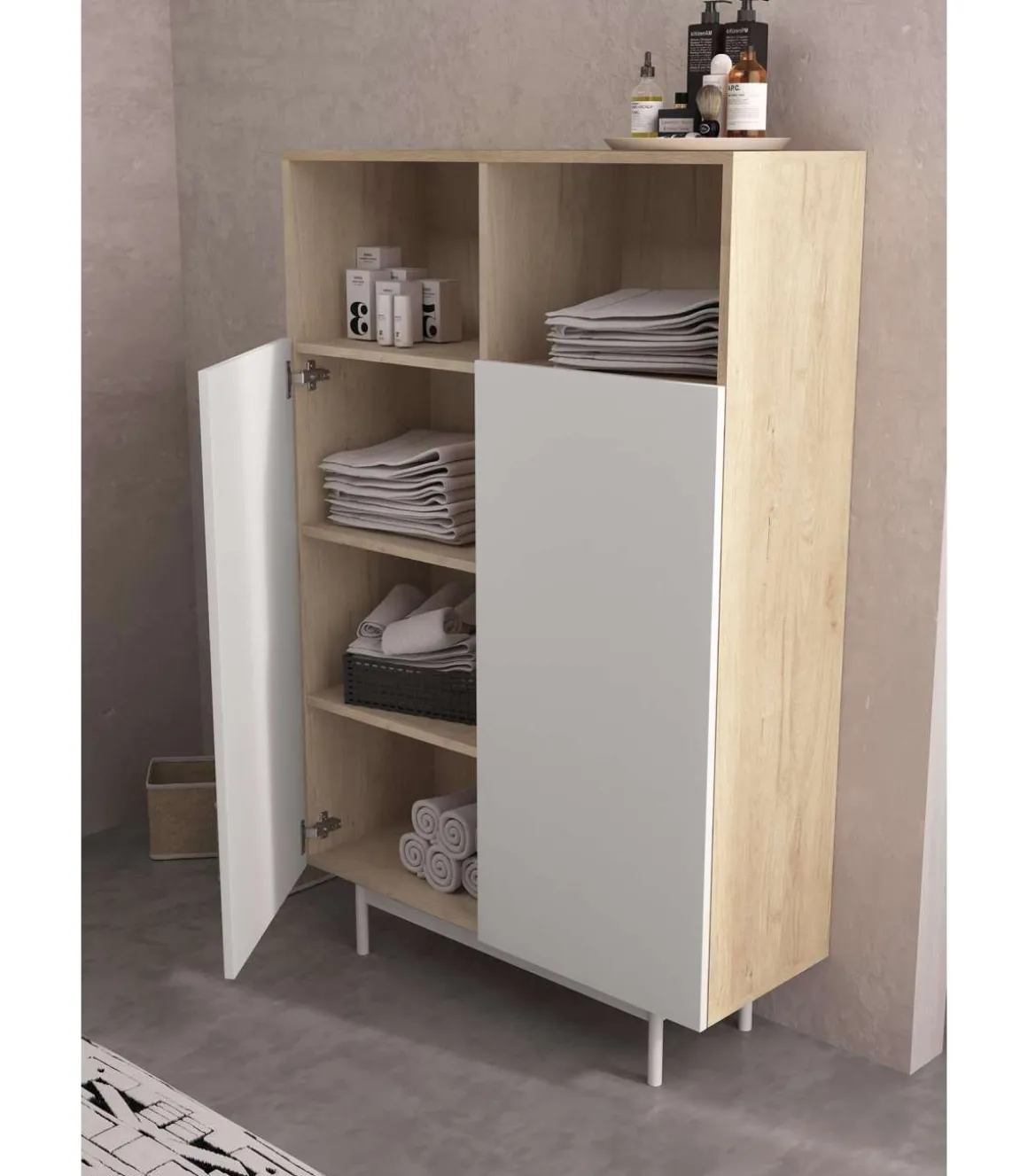 Mueble auxiliar modelo 603-1 acabado roble/blanco, 110 x 90 x 34 (alto x ancho x fondo)