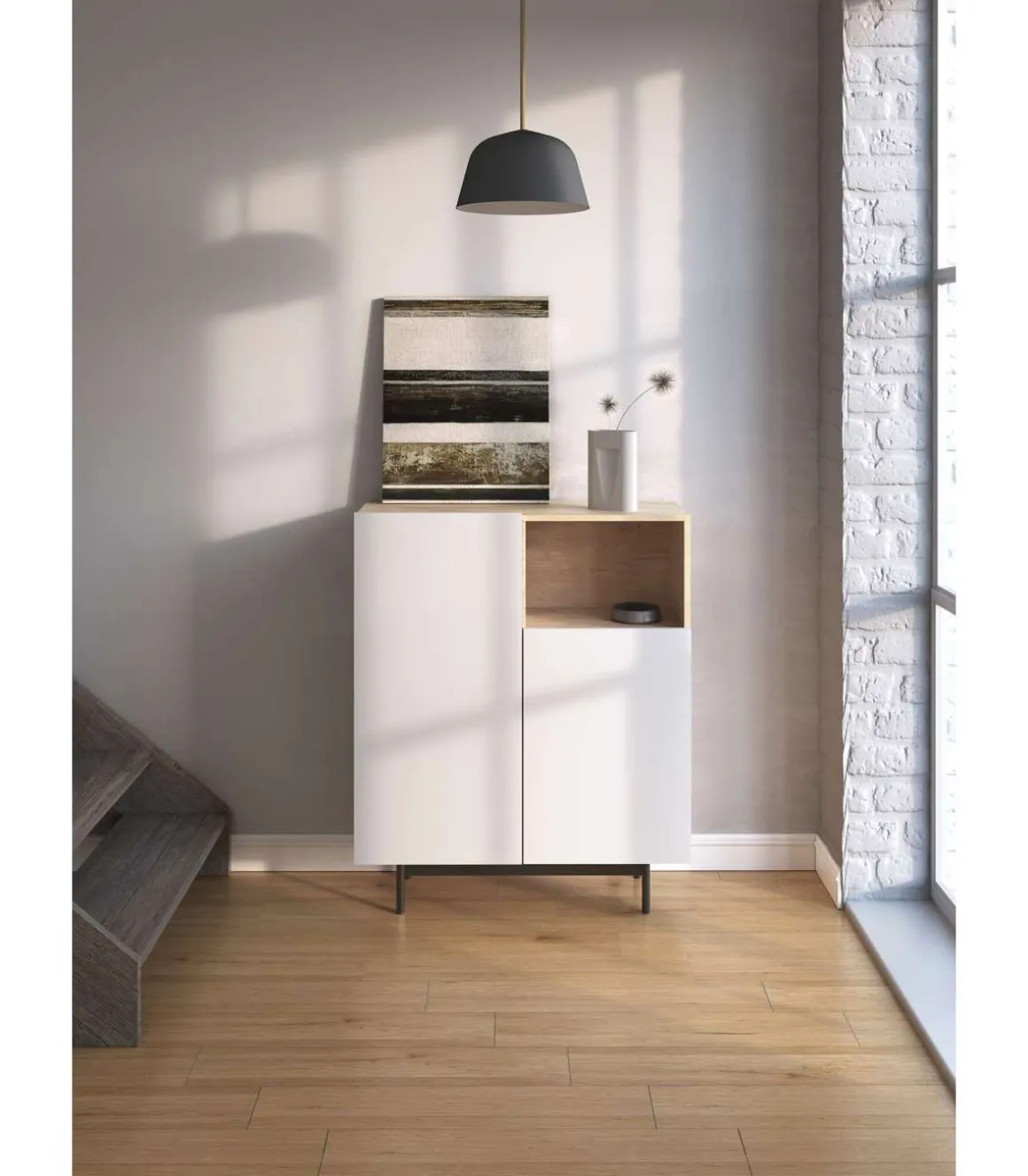 Mueble auxiliar modelo-602-1 acabado roble/blanco, 110 cm (alto) x 90 cm (ancho) x 34 cm (prof.)