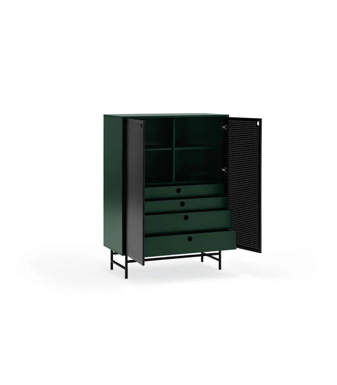 Mueble auxiliar modelo Punto 2 puertas 4 cajones interiores acabado verde/negro, 45cm(ancho) 130cm(alto) 93cm(largo)