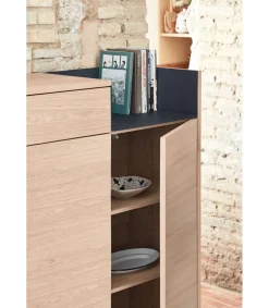 Mueble auxiliar modelo Valley 2 puertas 1 cajón acabado roble/azul oscuro, 40cm(ancho) 130cm(alto) 92cm (largo)