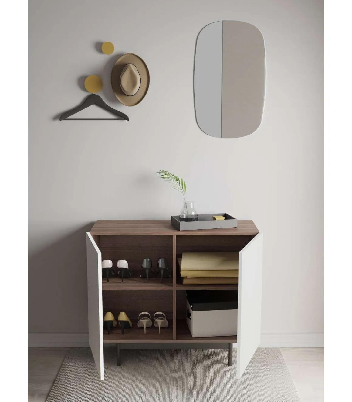 Mueble auxiliar 2 puertas abatibles modelo 601-1 acabado en nogal claro/blanco. 78 cm (alto) x 90 cm (ancho) x 34 cm (prof.)