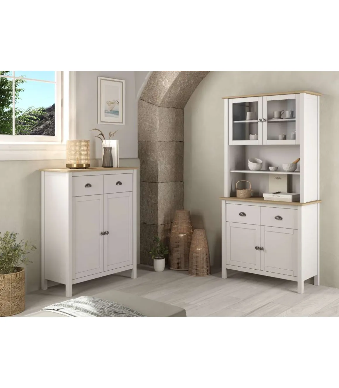 Mueble auxiliar 2 puertas 1 cajón modelo Miguel acabado blanco/roble. 110cm(alto) 90cm(ancho) 40cm(prof).