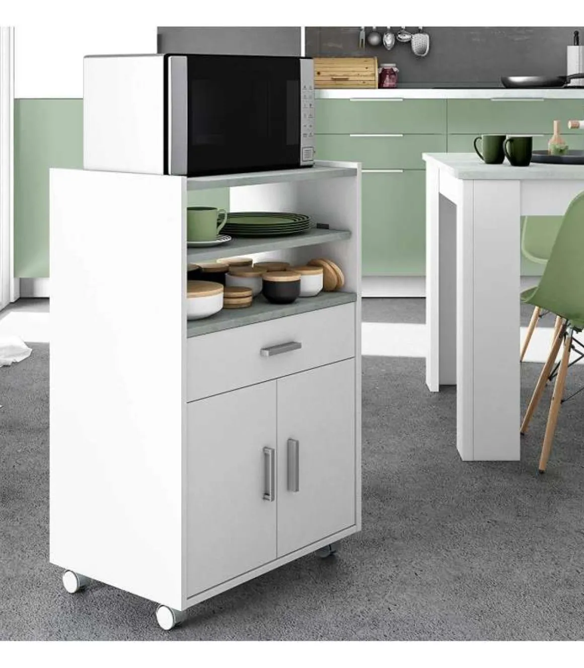 Mueble auxiliar Tom para microondas un cajón y dos puertas en acabado blanco 92 cm(alto)59 cm(ancho)40 cm(largo)