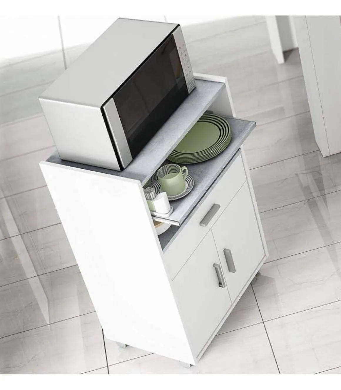 Mueble auxiliar Tom para microondas un cajón y dos puertas en acabado blanco 92 cm(alto)59 cm(ancho)40 cm(largo)