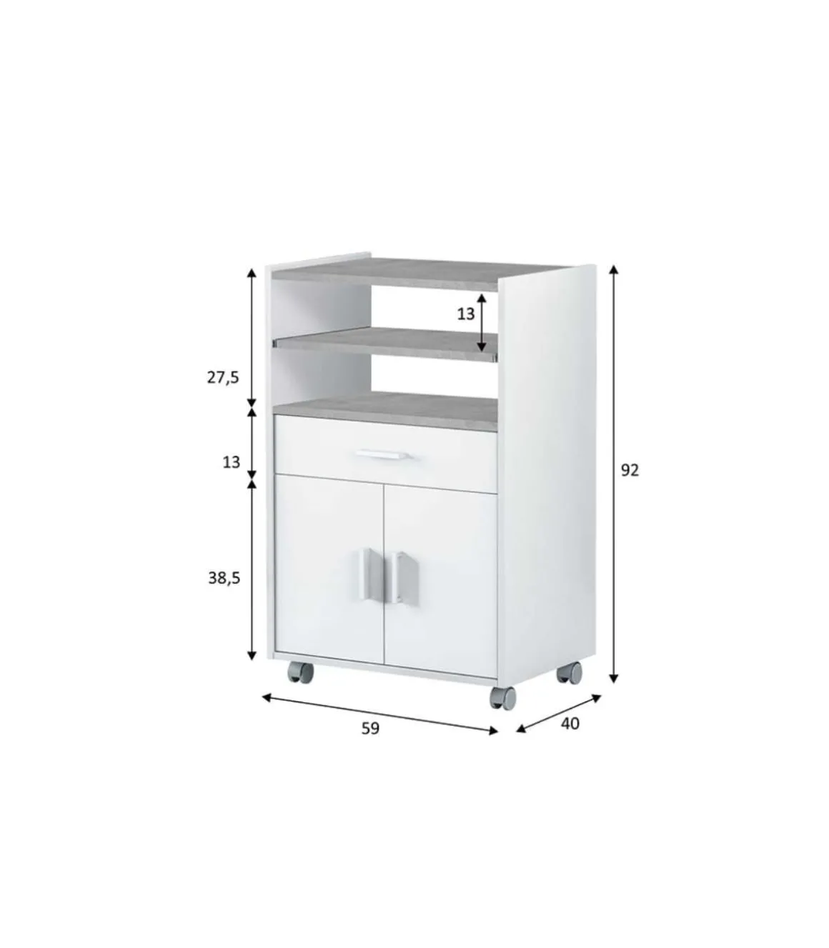 Mueble auxiliar Tom para microondas un cajón y dos puertas en acabado blanco 92 cm(alto)59 cm(ancho)40 cm(largo)