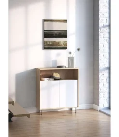 Mueble auxiliar/zapatero Md-509 con puertas acabado roble/blanco, 89cm(alto) 80cm(ancho) 29cm(prof.)