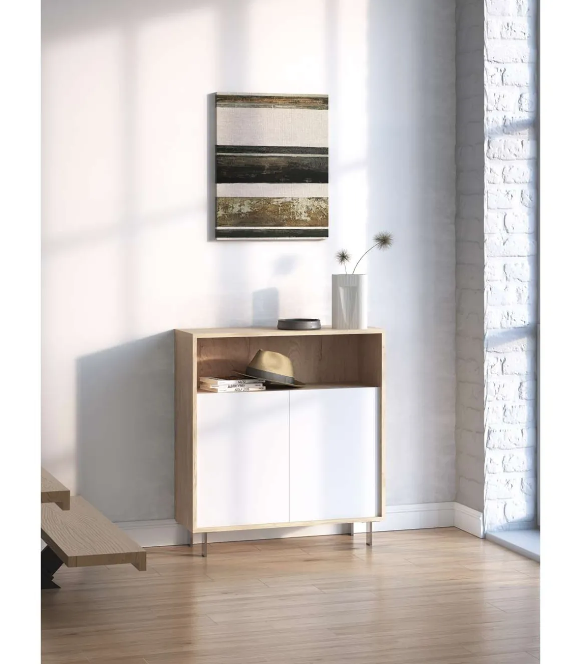 Mueble auxiliar/zapatero Md-509 con puertas acabado roble/blanco, 89cm(alto) 80cm(ancho) 29cm(prof.)