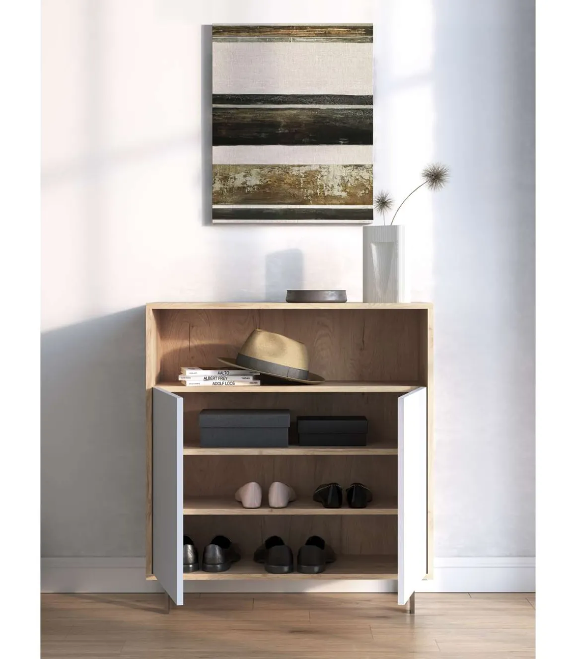 Mueble auxiliar/zapatero Md-509 con puertas acabado roble/blanco, 89cm(alto) 80cm(ancho) 29cm(prof.)
