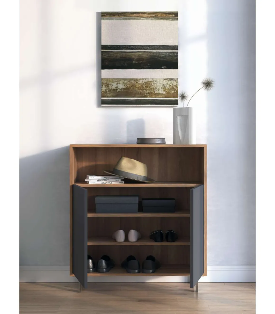 Mueble auxiliar/zapatero Md-509 con puertas acabado nogal/grafito, 89cm(alto) 80cm(ancho) 29cm(prof.)