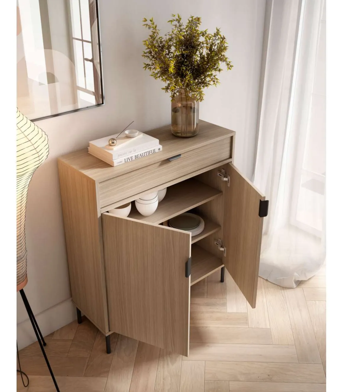 Mueble auxiliar/zapatero Md-507, 2 puertas 1 cajón en nogal oscuro, 89cm(alto) 80cm(ancho) 29cm(prof.)