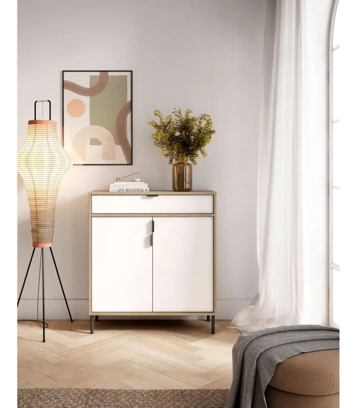 Mueble auxiliar/zapatero Md-507, 2 puertas 1 cajón en roble oscuro/blanco, 89cm(alto) 80cm(ancho) 29cm(prof.)