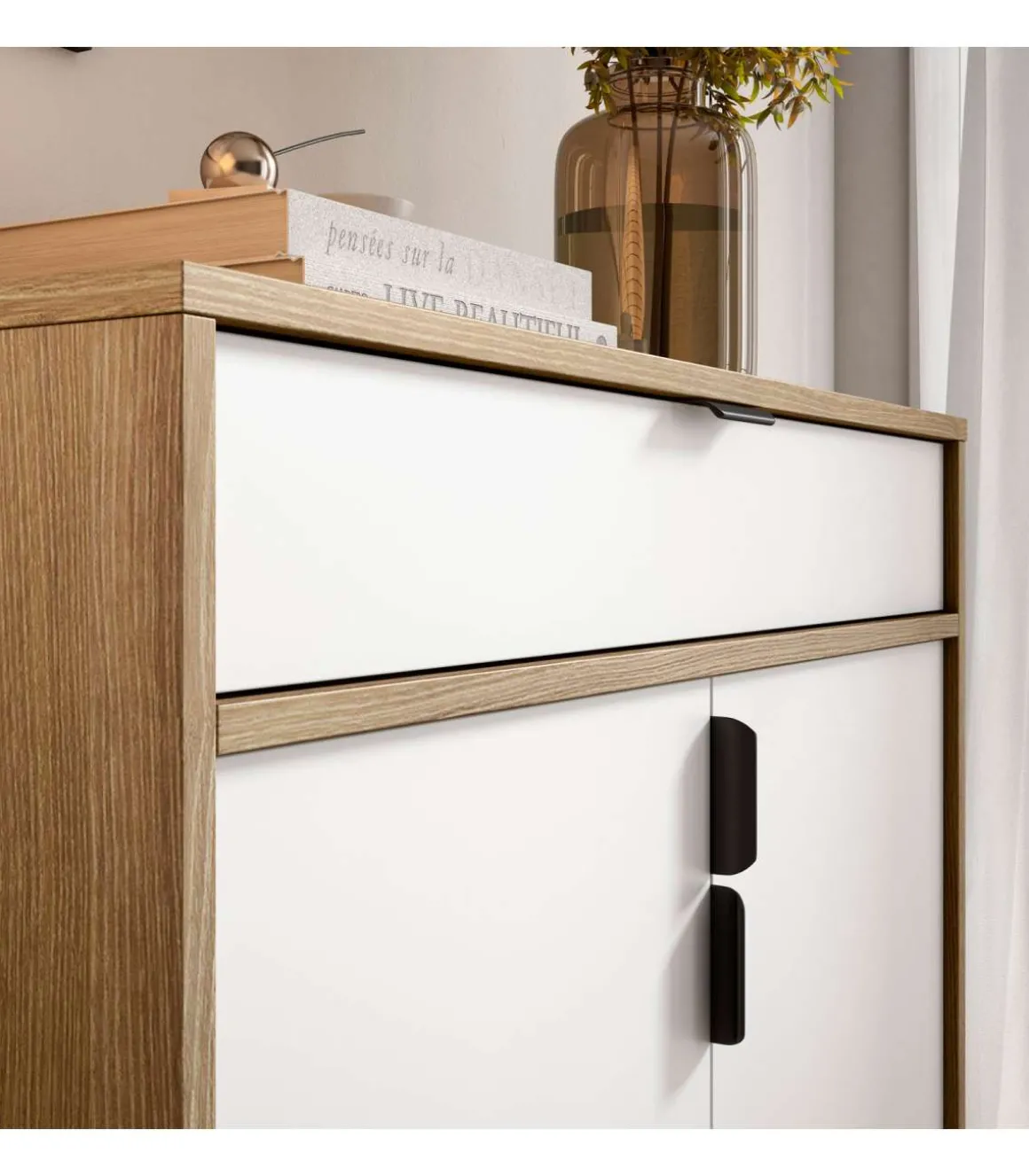 Mueble auxiliar/zapatero Md-507, 2 puertas 1 cajón en roble oscuro/blanco, 89cm(alto) 80cm(ancho) 29cm(prof.)
