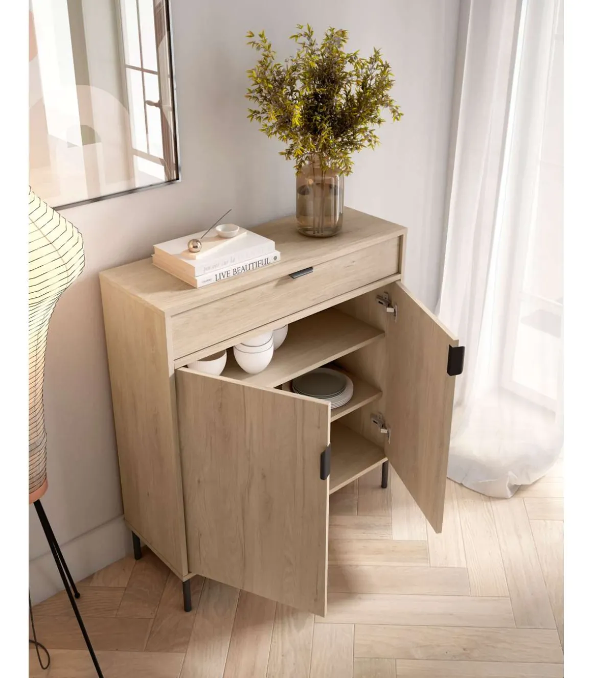 Mueble auxiliar/zapatero Md-507, 2 puertas 1 cajón en roble claro, 89cm(alto) 80cm(ancho) 29cm(prof.)