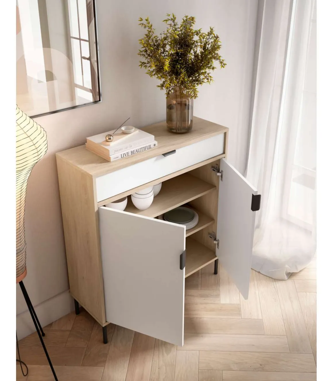 Mueble auxiliar/zapatero Md-507, 2 puertas 1 cajón en roble claro/blanco, 89cm(alto) 80cm(ancho) 29cm(prof.)