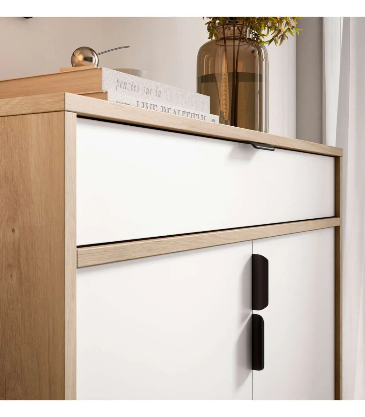 Mueble auxiliar/zapatero Md-507, 2 puertas 1 cajón en roble claro/blanco, 89cm(alto) 80cm(ancho) 29cm(prof.)